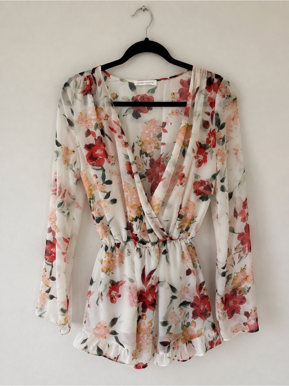 Honey Punch White Floral Wrap Romper with Red & Pink Flowers